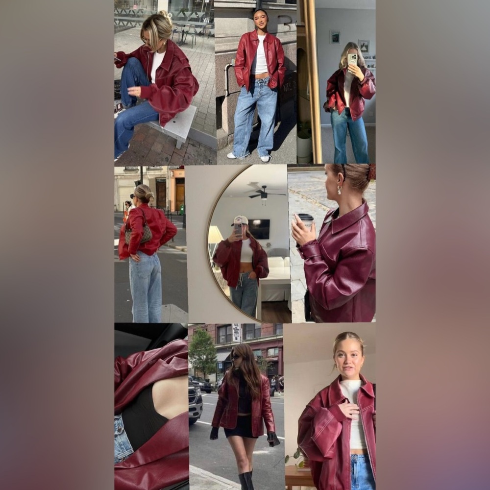 90s Vintage Cherry Red Leather Oversized Flattering Boxy Fit Button Front Jacket - Picture 7 of 16